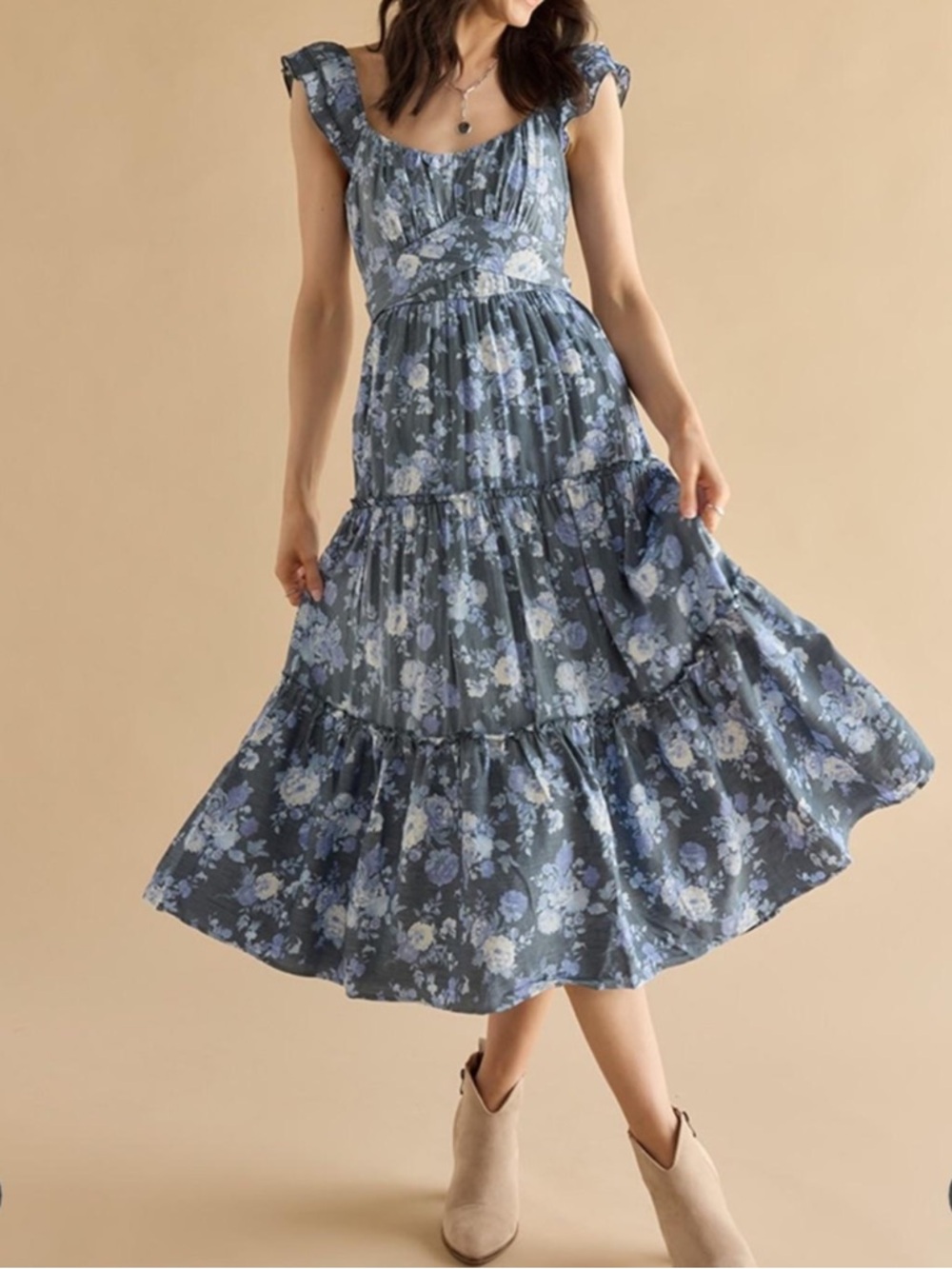 Trixxi Blue Floral Tiered Midi Dress Large NWOT Ruffle Strap Sleeveless